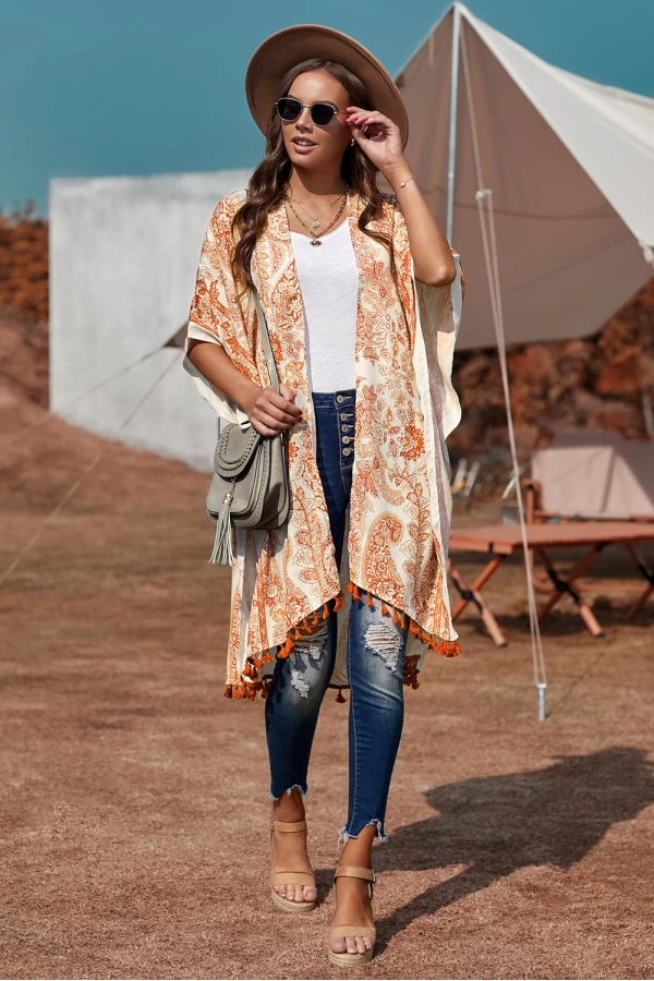 Burnt Orange Boho Paisley Printed with Tassel Detail Open Front Midi Cover Up 